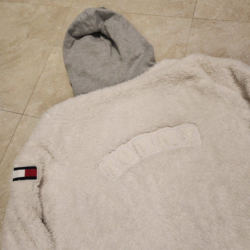 Tommy Hilfiger Womens L Large Spellout Fleece Sherpa High Deep Pile Teddy Jacket